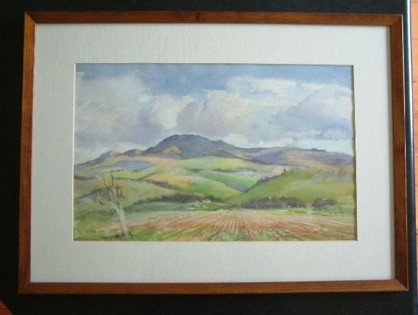 signed watercolour painting of a New Zealand country scene by NZ artist Carl Laugesen